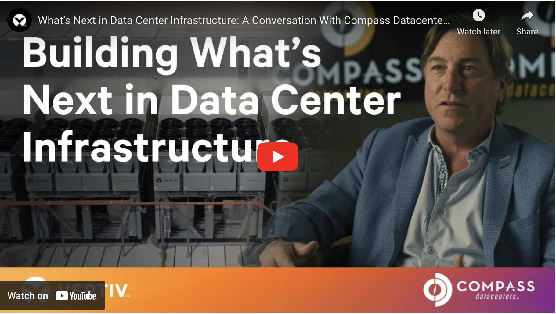 A YouTube video thumbnail showing a person discussing data center infrastructure, with server racks visible in the background and the Compass Datacenters logo.